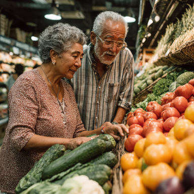 Grupo de adultos mayores felices con alimentación saludable